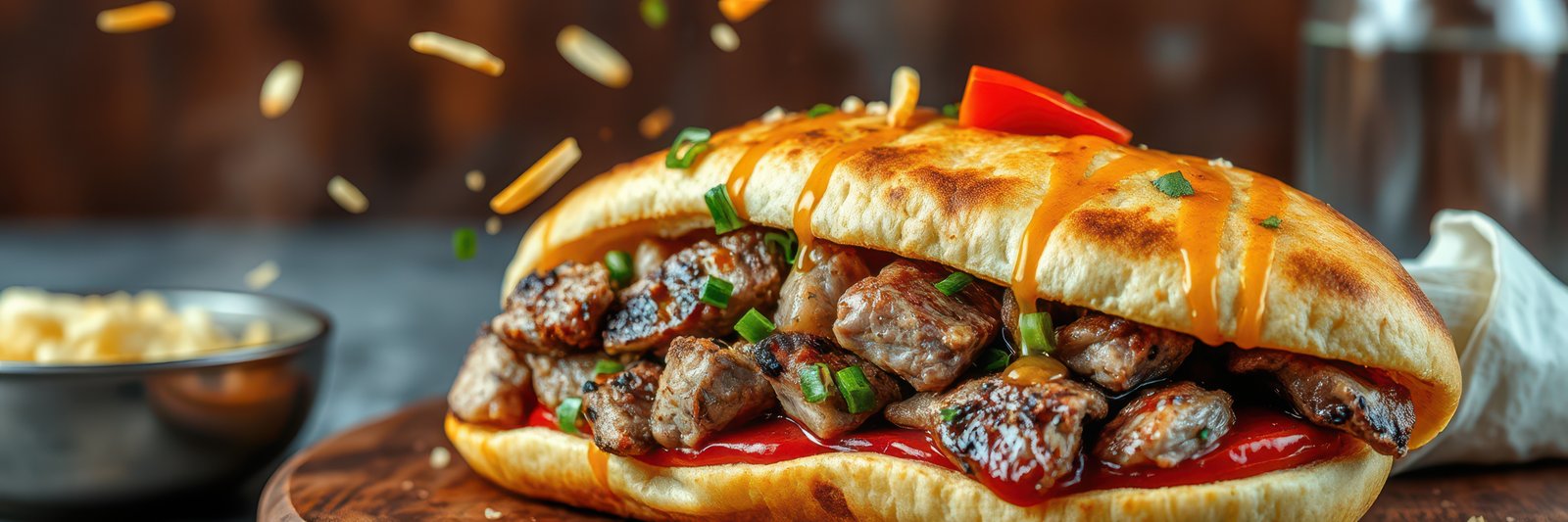 Savory grilled meat sandwich with fresh toppings at a cozy eatery during lunchtime in a warm setting